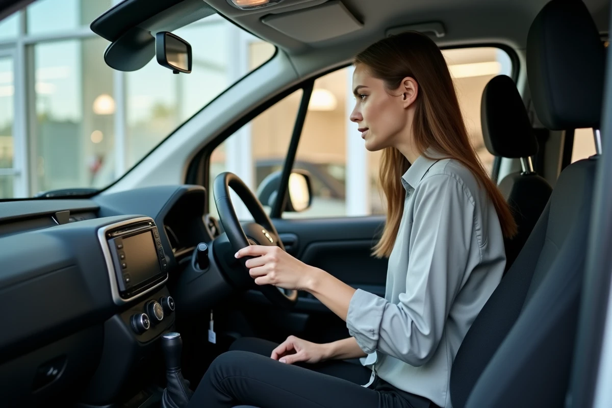 Femme inspectant le tableau de bord dans la voiture