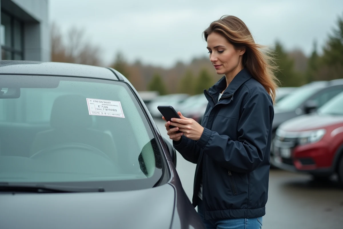 Femme consultant les caractéristiques moteur en CV et kW sur la vitre d'une voiture d'occasion chez un concessionnaire