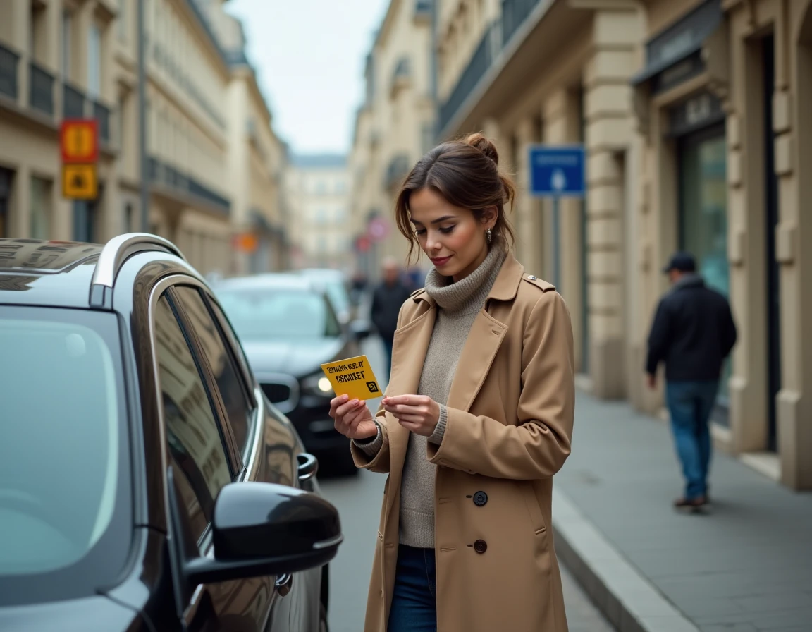 Femme tenant une vignette Crit'Air devant un SUV diesel dans une rue urbaine avec signalisation de zone à faibles émissions