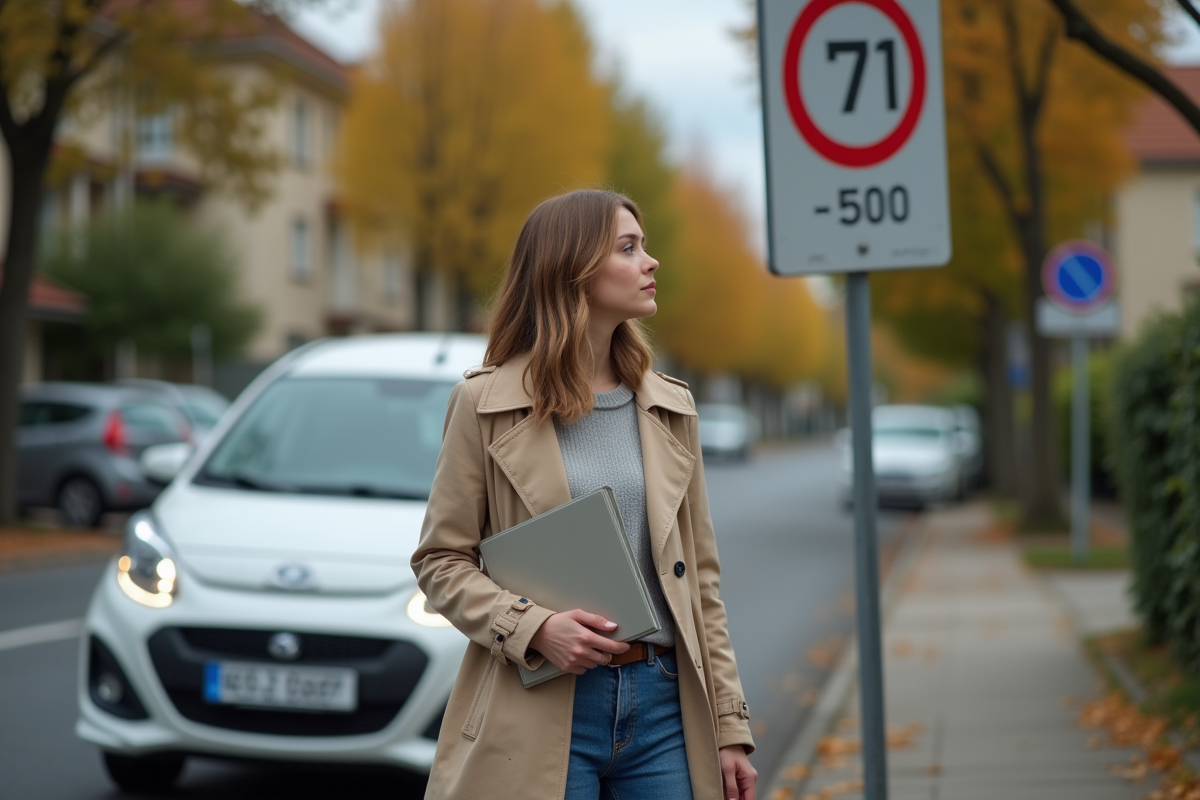 Jeune femme avec dossier près d une voiture en rue résidentielle