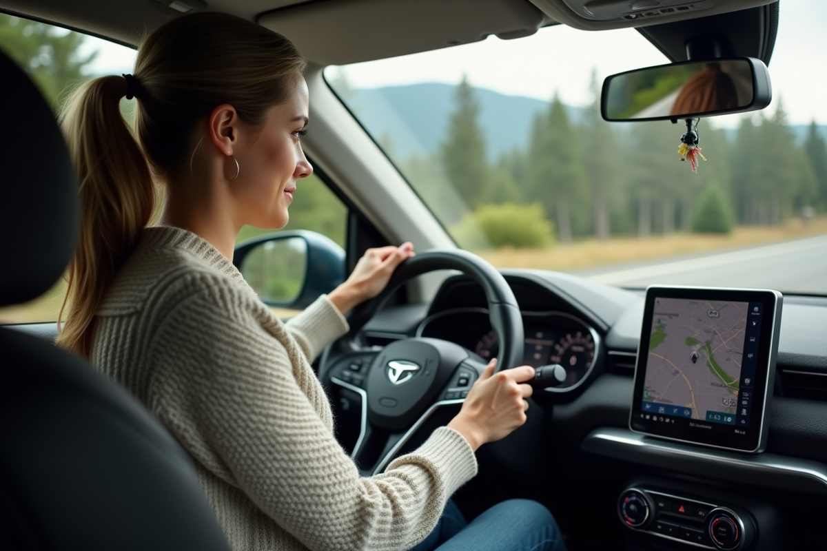 Femme dans sa voiture au restarea avec écran tactile