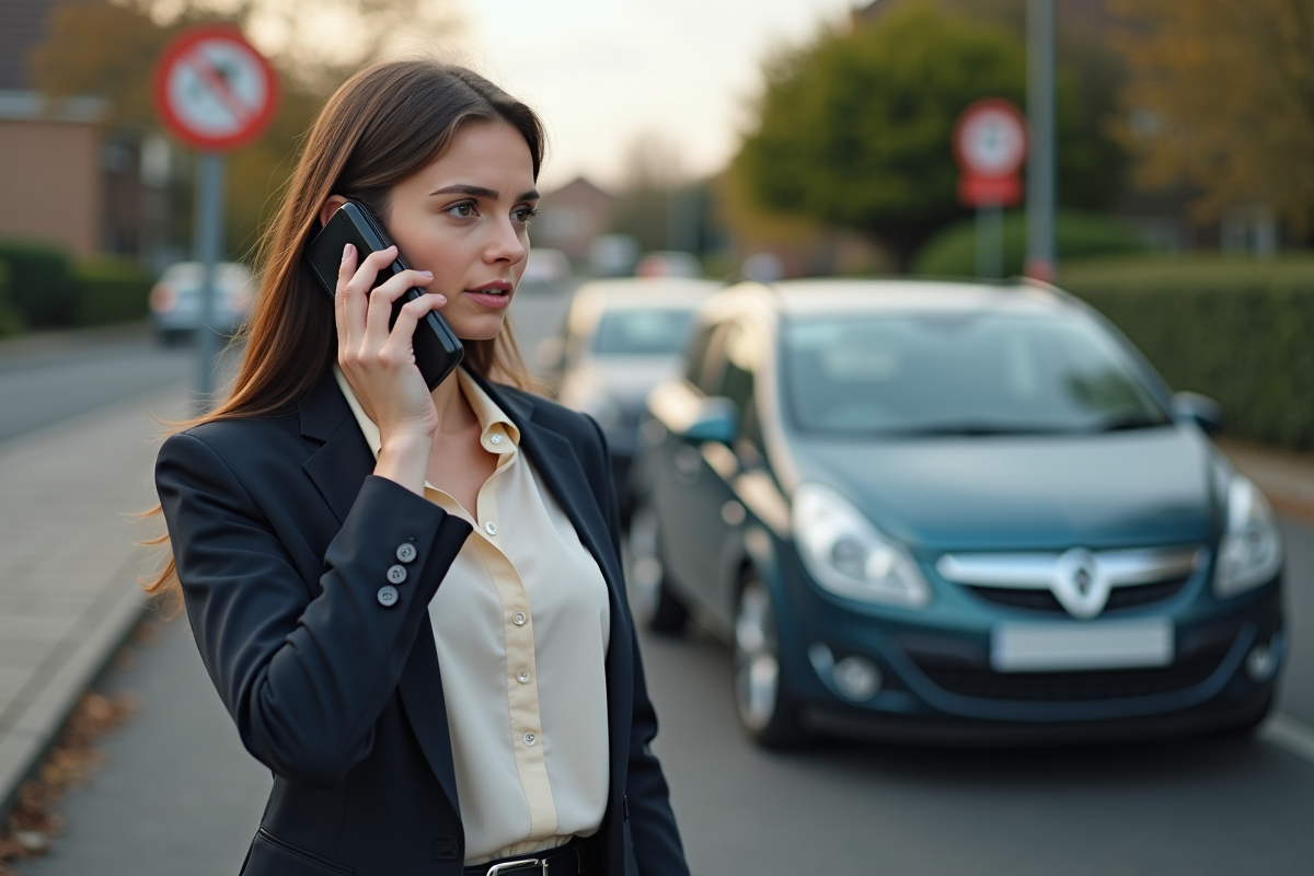 Jeune femme parle au téléphone près de deux voitures avec des éraflures dans un environnement suburbain