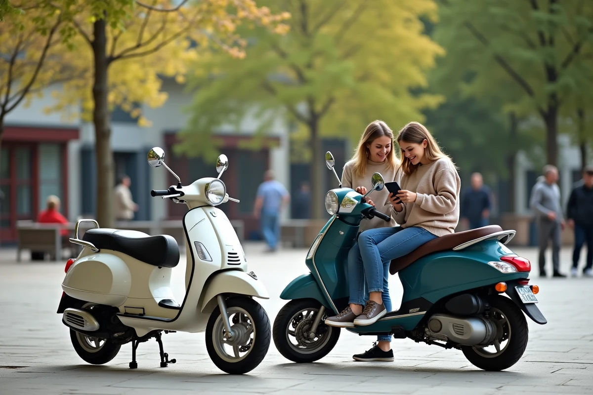 Deux femmes discutant avec scooters classiques et TMAX 2026 en plein air