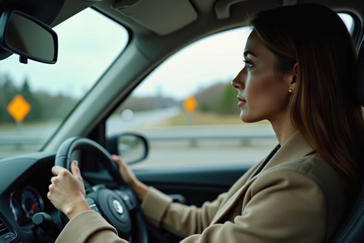 Femme en voiture regardant un panneau jaune sur l
