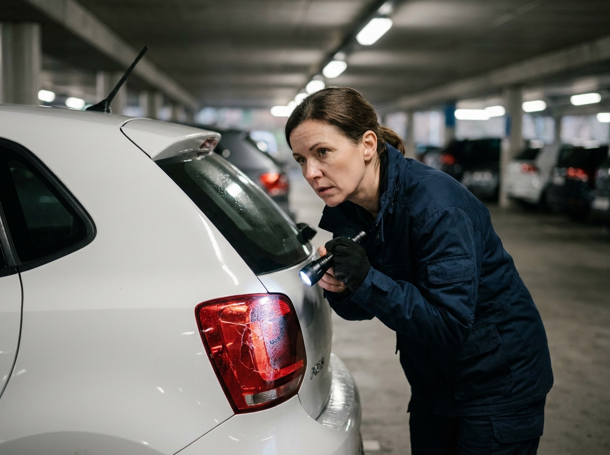Femme examinant le feu arrière endommagé d'une Volkswagen Polo 5 dans un parking urbain sous un ciel couvert