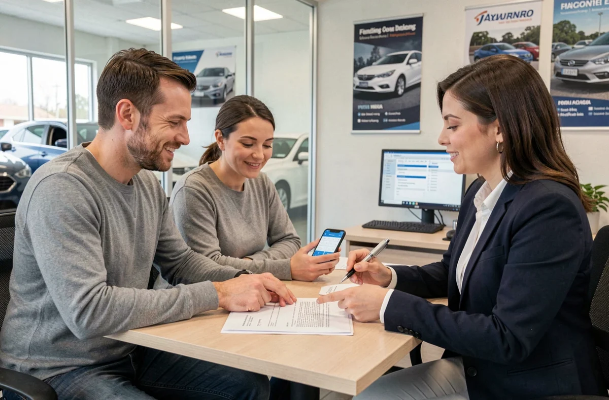 Couple discutant d'un financement pour l'achat d'une voiture d'occasion avec un conseiller en concession