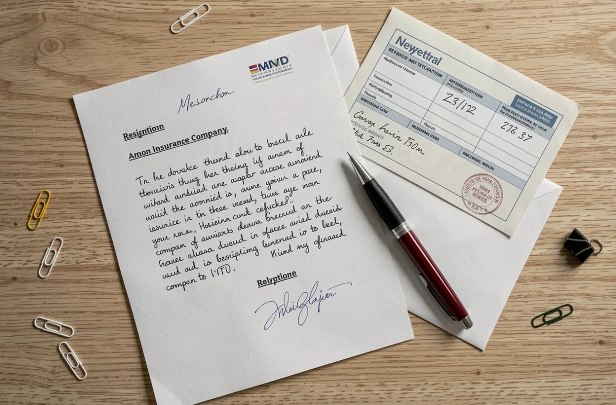 Flat lay de lettre de résiliation assurance moto, carte grise et enveloppe timbrée sur un bureau en bois