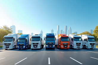 Flotte de camions de fret modernes stationnes en rangée