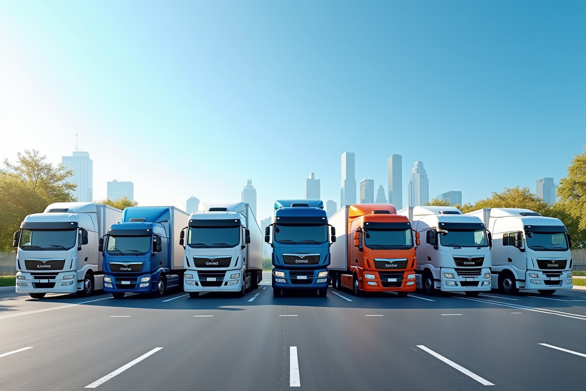 Flotte de camions de fret modernes stationnes en rangée