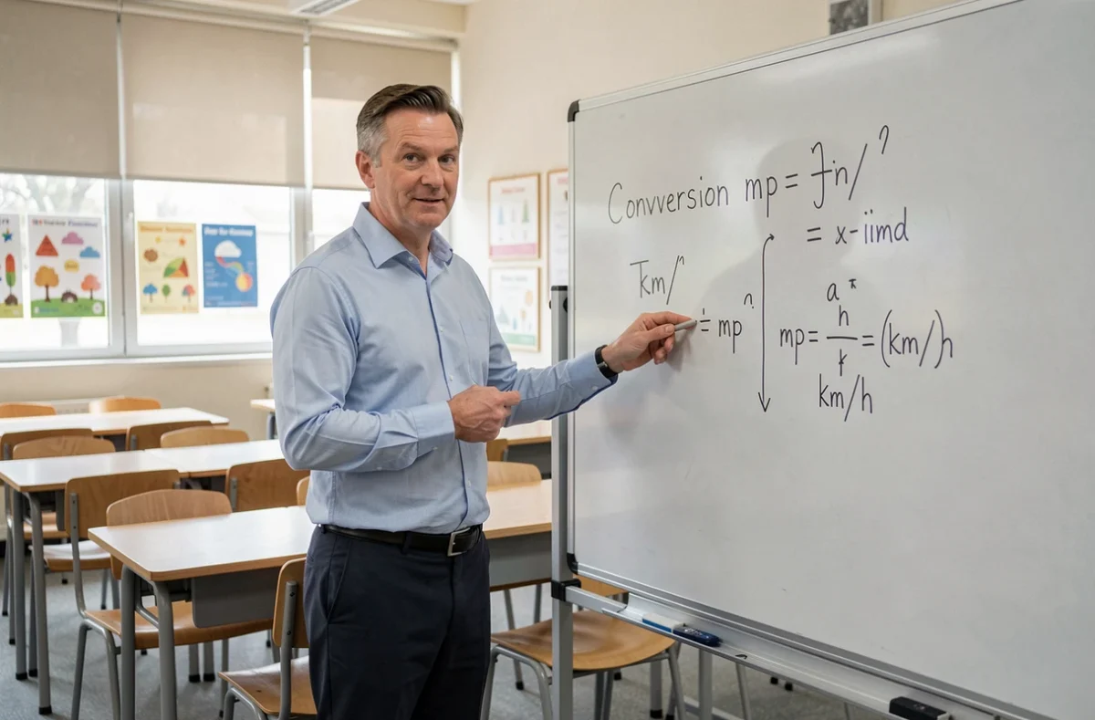 Enseignant expliquant la formule de conversion miles par heure en kilomètres par heure au tableau dans une salle de classe