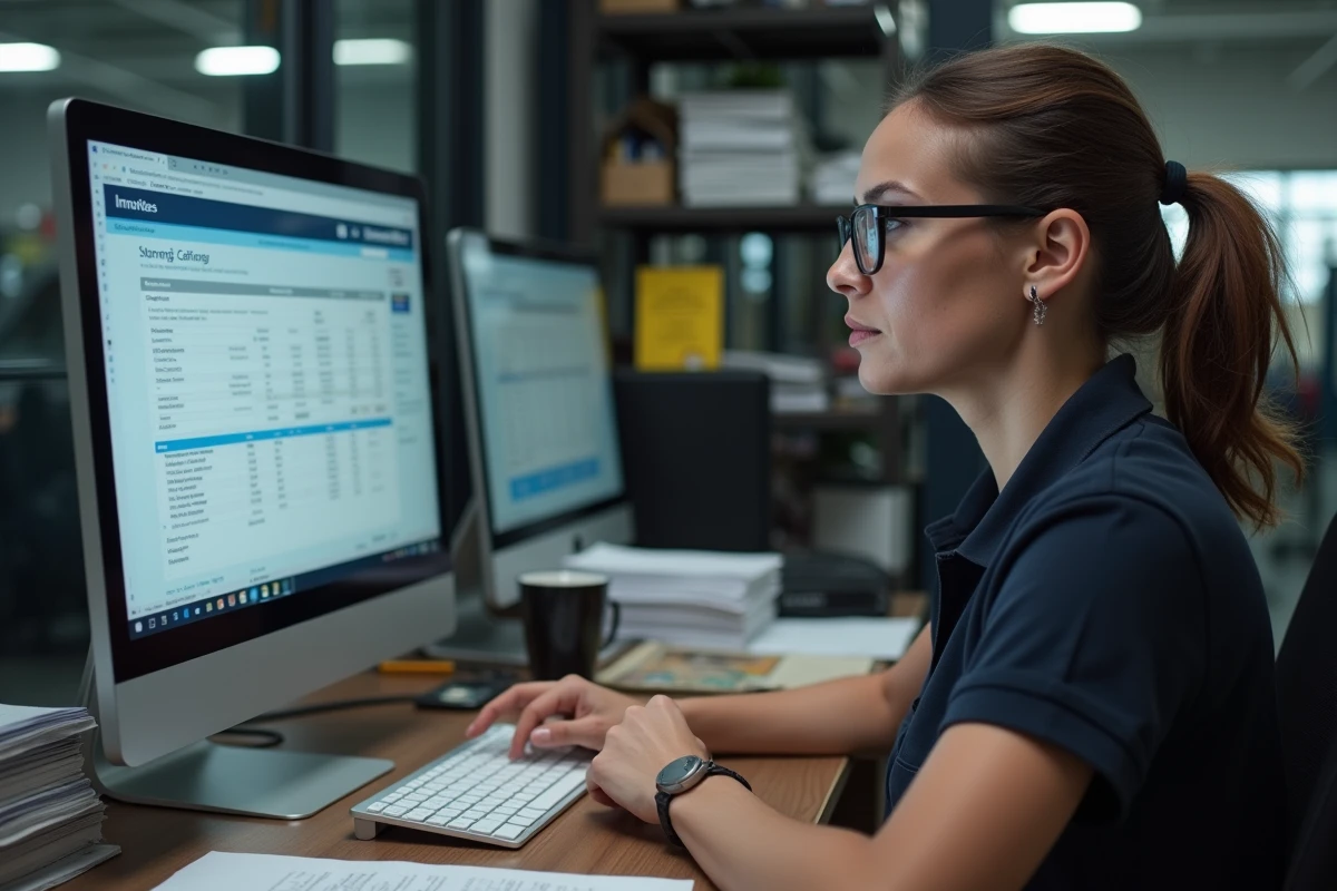Gérante de garage indépendant consultant un logiciel de facturation et catalogue de pièces détachées sur ordinateur