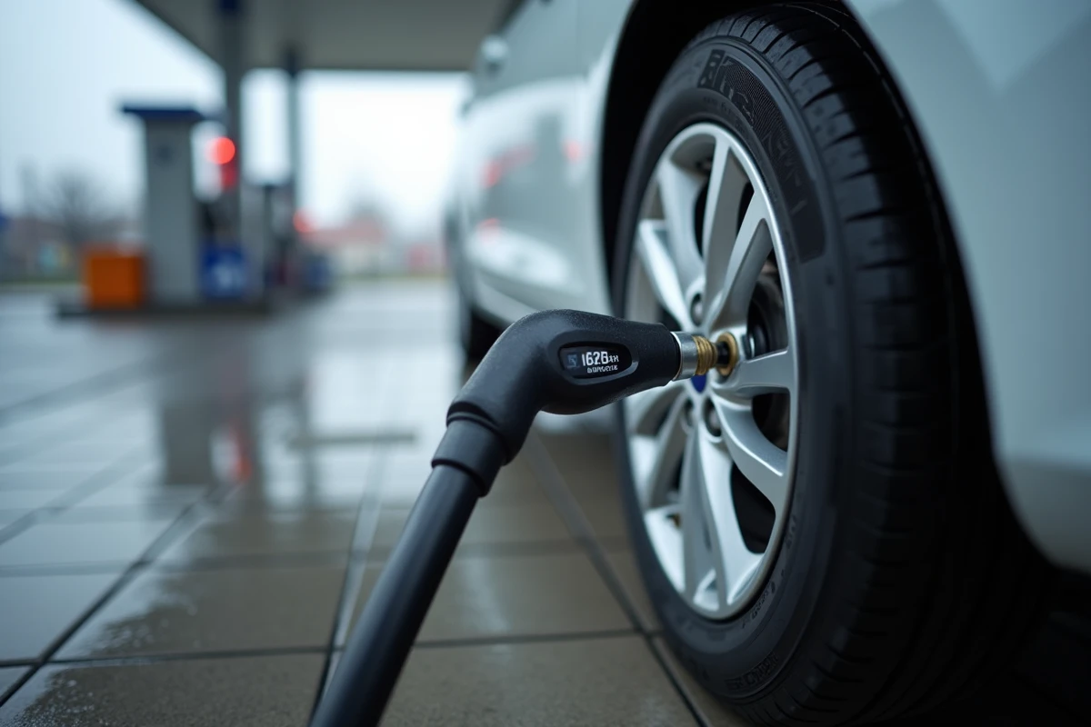 Gonflage des pneus d'une Ford Fiesta avec un gonfleur numérique à la station-service, gros plan sur la valve