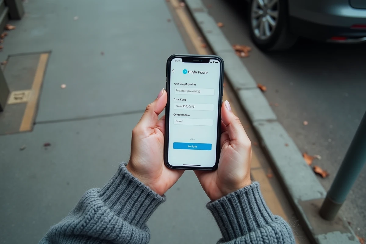 Gros plan sur un smartphone affichant l'interface de l'application PayByPhone pour déclarer un stationnement résident à Paris