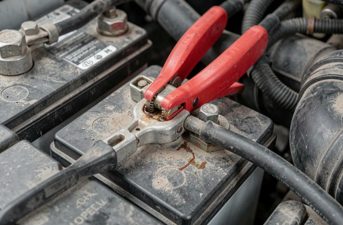 Gros plan sur des pinces de batterie voiture mal connectées sur les bornes avec signes de corrosion dans un compartiment moteur