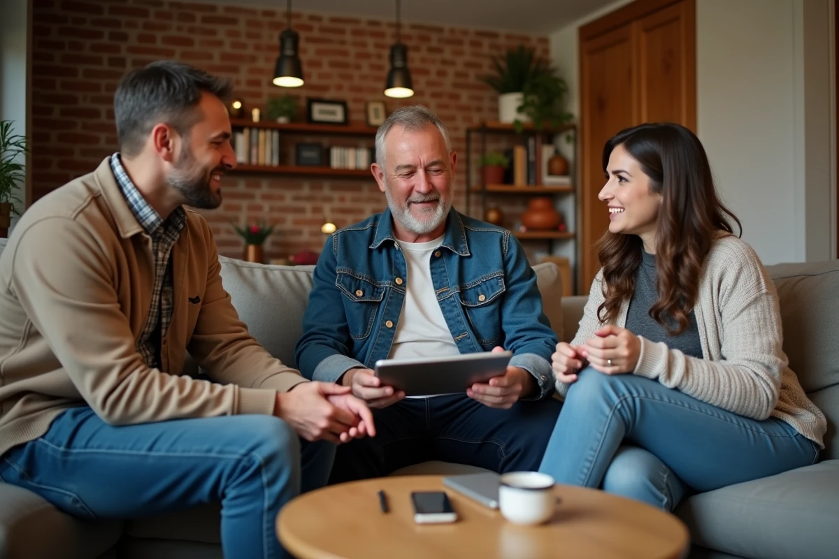 Un groupe de passionnés discutant d'articles du Tesla Motors Blog autour d'une tablette dans un salon moderne