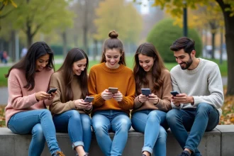 Jeunes adultes dans un parc urbain utilisant leurs smartphones