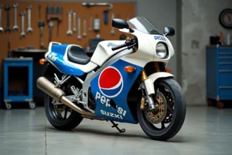 Suzuki GSXR 1100 de 1992 en livrée Pepsi blanche et bleue dans un garage d'atelier, vue 3/4 avant, inspection mécanique avant achat