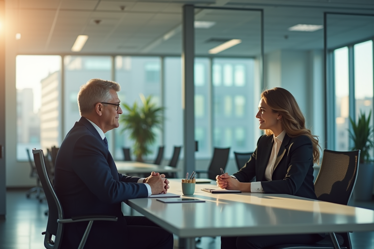 Homme d affaires discutant avec une femme dans un bureau moderne