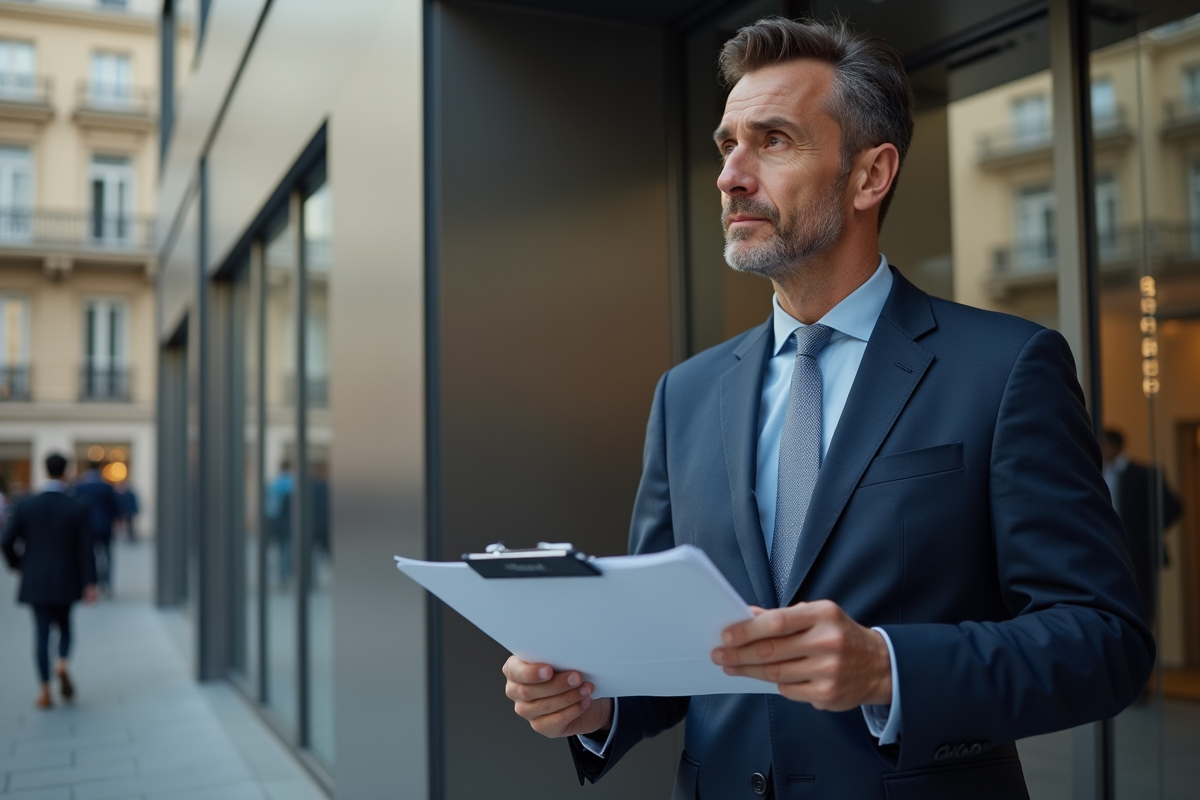 Homme d'affaires en costume navy devant un bâtiment moderne