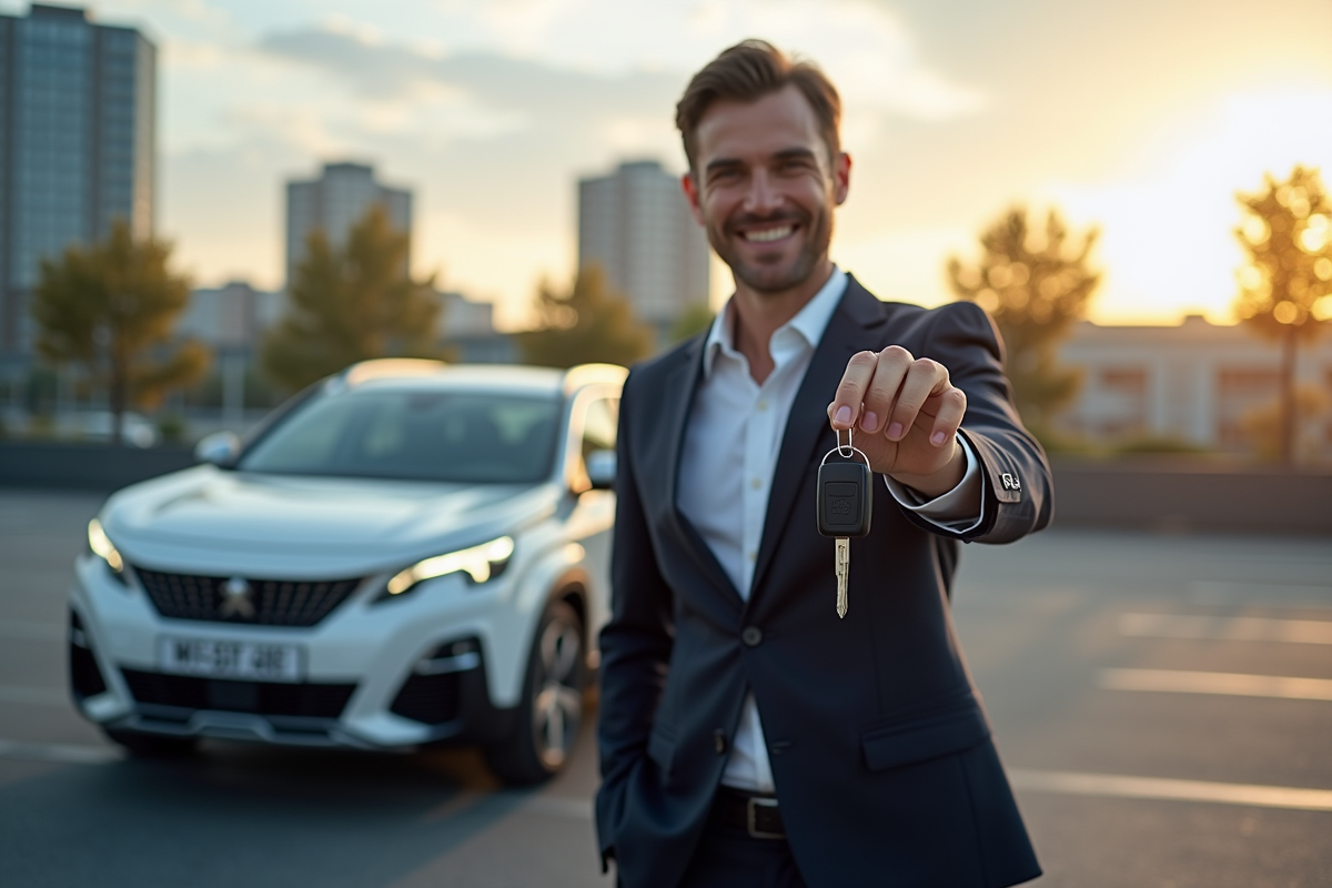 Homme confiant tenant les clés de la Peugeot 408 dans un parking urbain