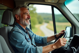 Homme d'âge moyen dans un van en voyage en campagne