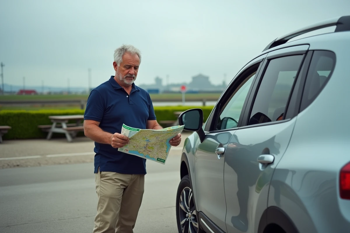 Homme consultant une carte d'autoroute debout près de sa voiture dans une aire de repos en France