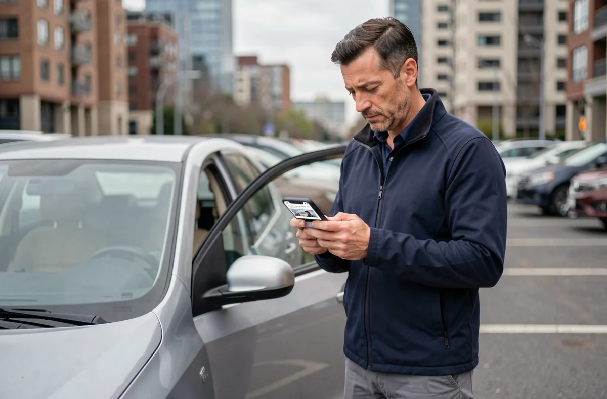 Homme comparant des offres d'assurance auto sur smartphone à côté de sa voiture en ville