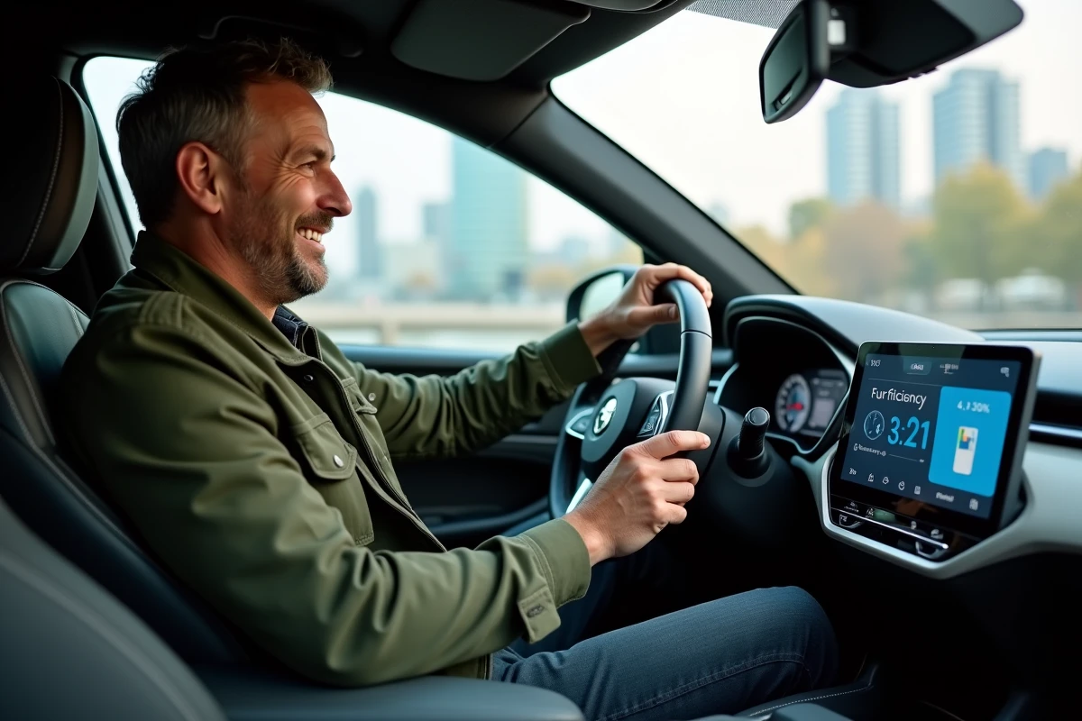 Homme en tenue décontractée dans sa voiture lors de son trajet matin