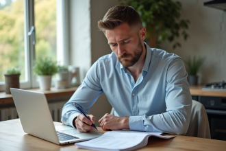 Homme d'âge moyen examine documents d'assurance auto