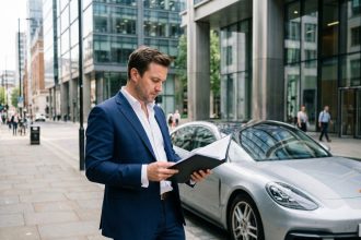Homme en costume devant une Porsche en ville