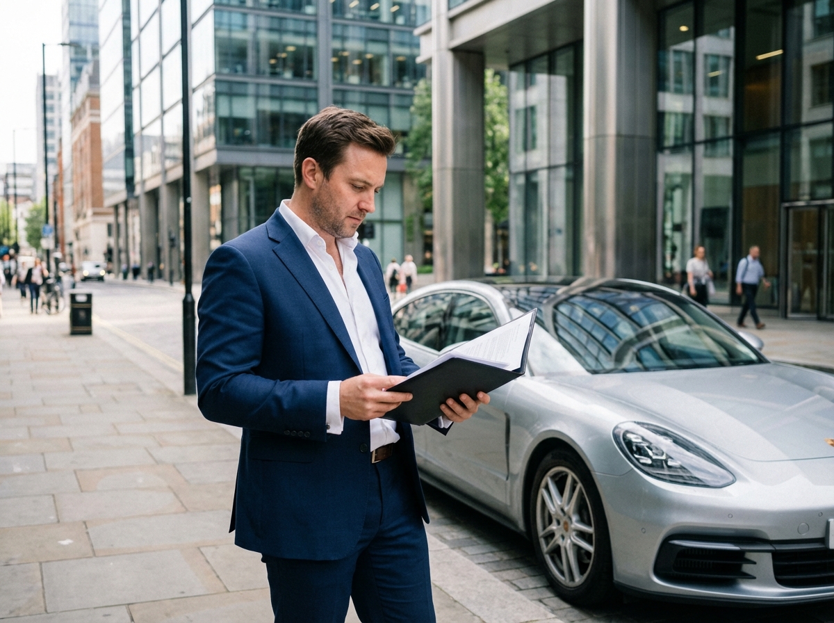 Homme en costume devant une Porsche en ville