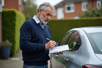 Homme dessinant la carte grise d'une voiture en extérieur