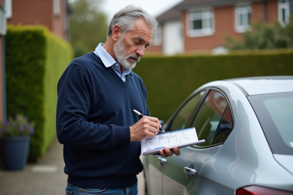 Homme dessinant la carte grise d'une voiture en extérieur