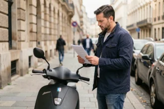Homme consultant des documents d'assurance scooter après résiliation sur un trottoir urbain