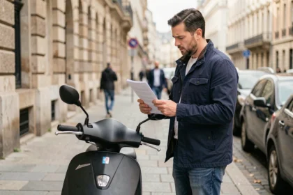 Homme consultant des documents d'assurance scooter après résiliation sur un trottoir urbain