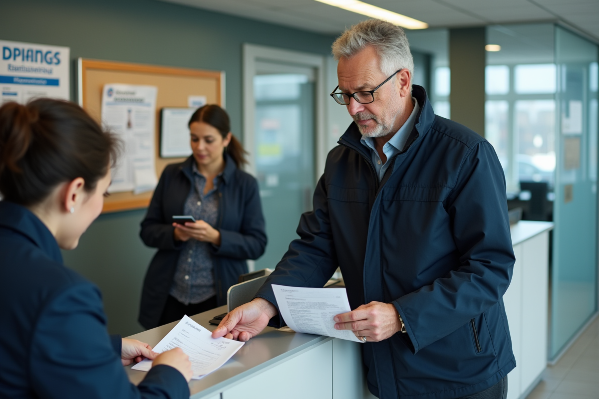 Homme remettant ses documents au contrôle