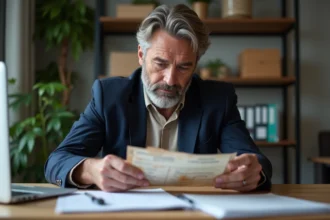 Homme d'âge moyen examinant un certificat d'immatriculation usé