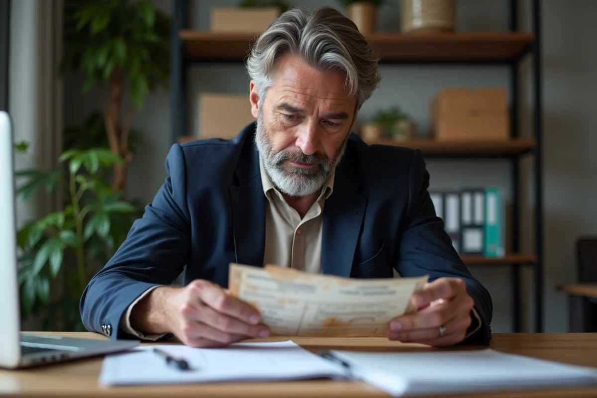 Homme d'âge moyen examinant un certificat d'immatriculation usé