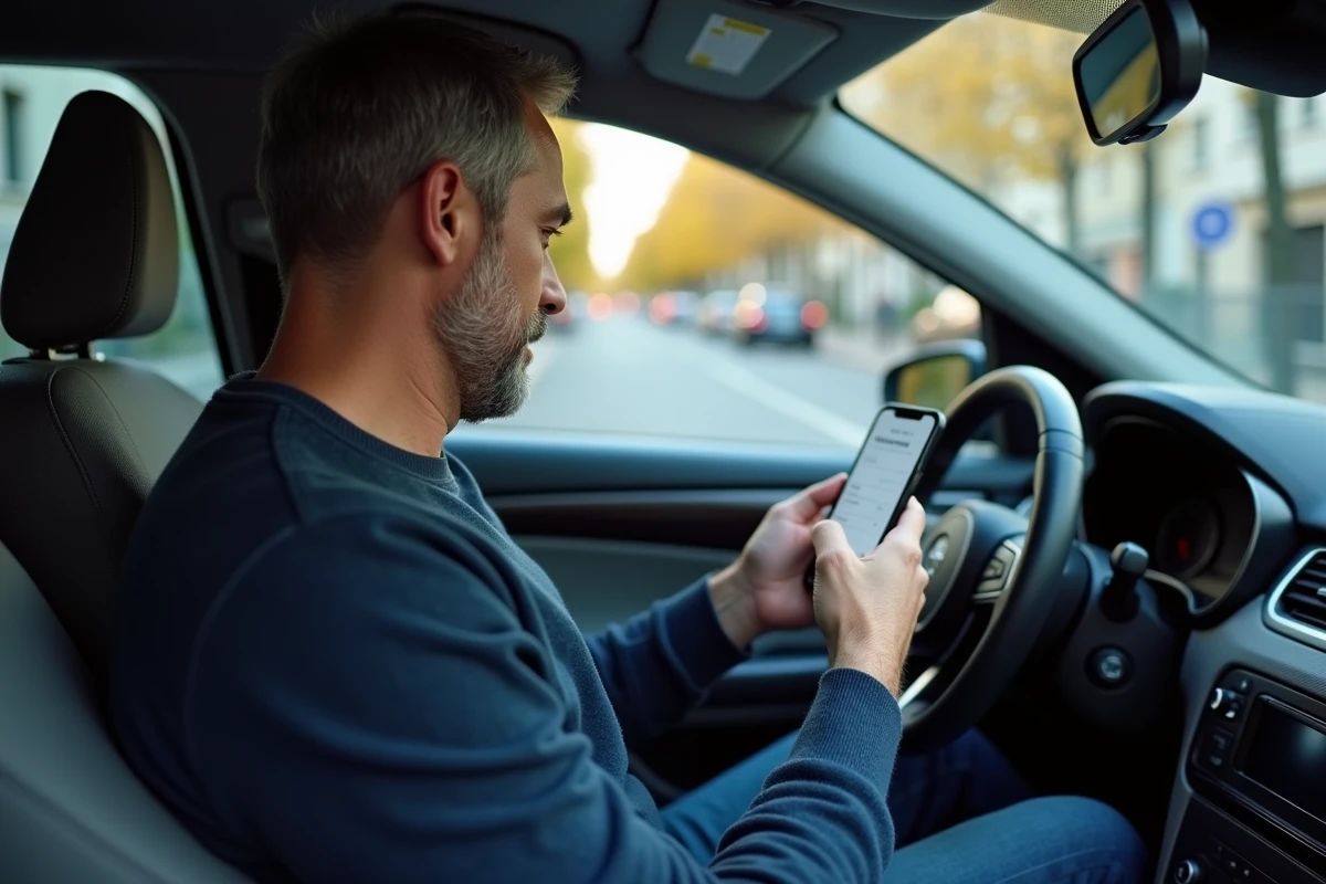 Homme enregistrant sa plaque d'immatriculation sur PayByPhone depuis l'habitacle d'une voiture garée à Paris