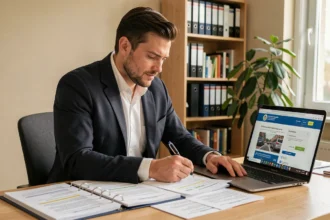 Homme en blazer sombre étudiant les documents pour obtenir la carte VTC par équivalence à son bureau à domicile
