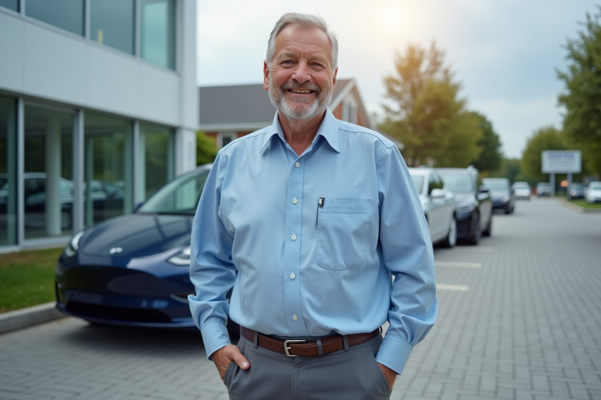 Homme dans la quarantaine examinant une voiture électrique en extérieur