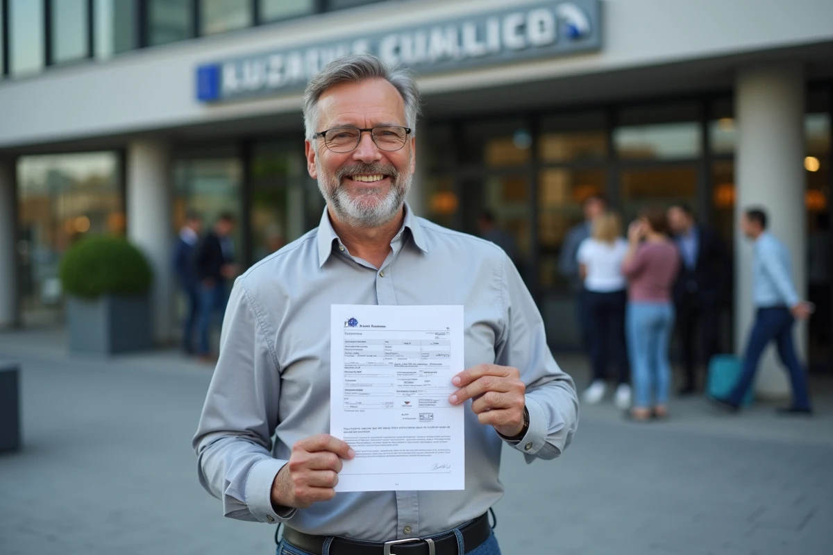 Homme devant bâtiment officiel avec duplicata de carte grise