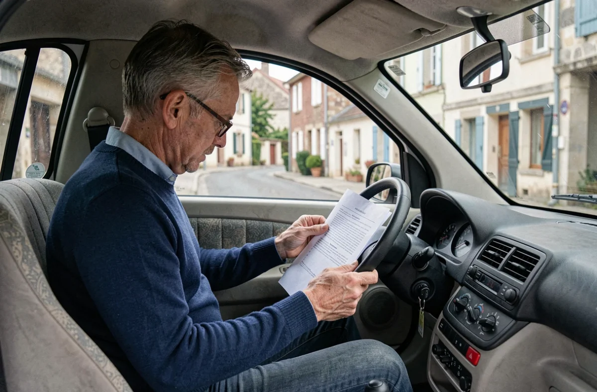 Homme d'âge mûr consultant des documents à l'intérieur d'une voiture sans permis