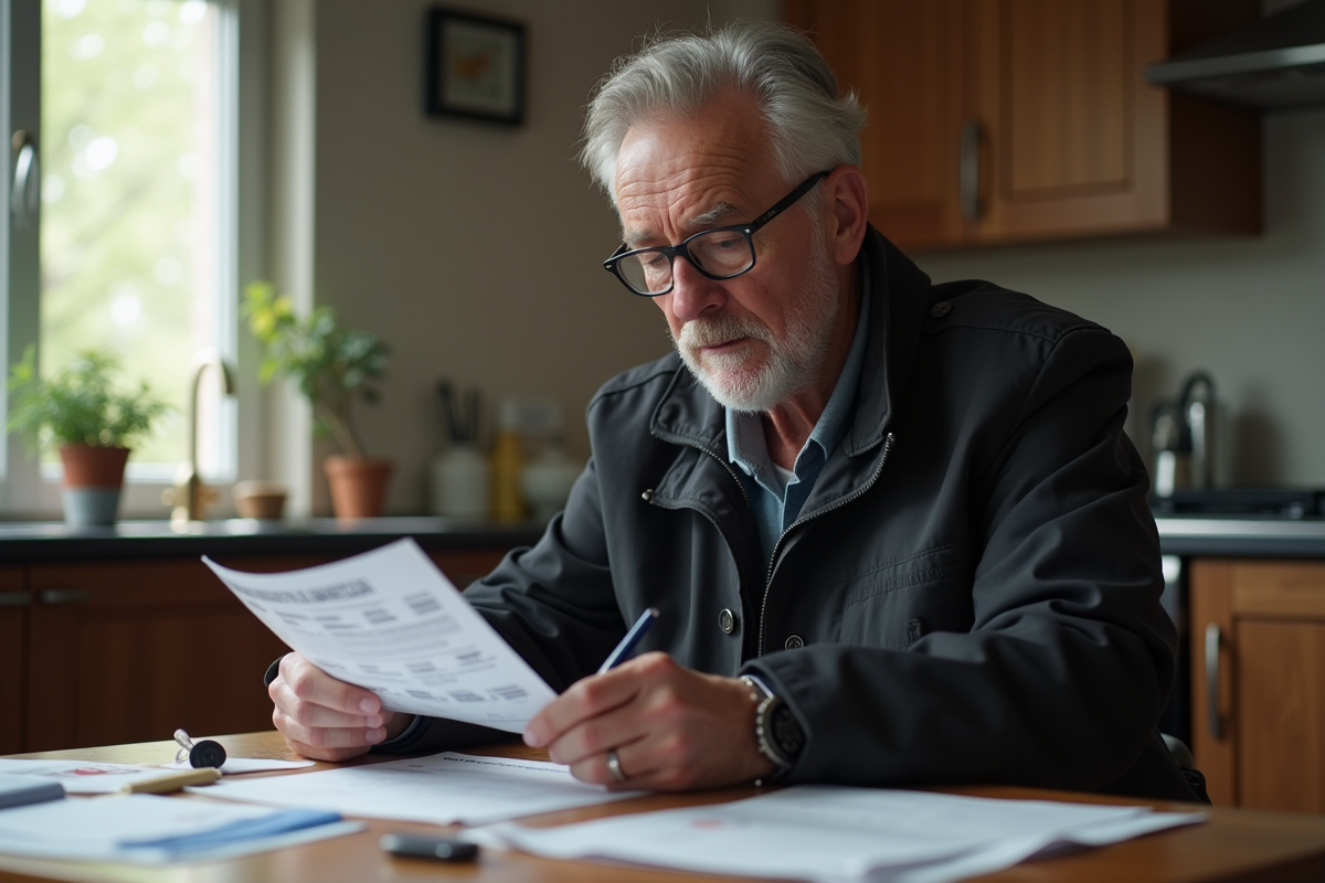 Homme mature examine brochure d