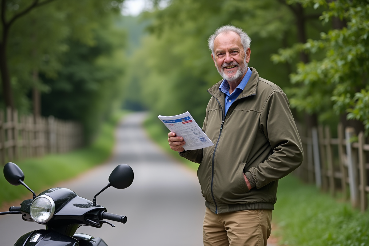 Homme avec permis et scooter en campagne