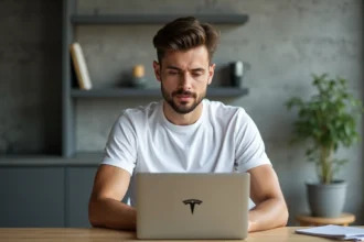 Un homme lisant le Tesla Motors Blog sur son ordinateur portable dans un bureau minimaliste moderne