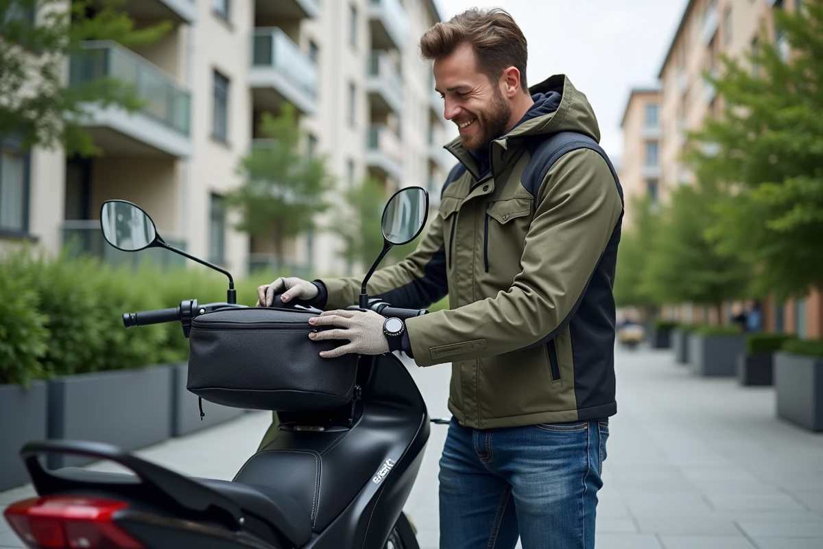 Homme en veste moto sécurise un sac sur une moto en ville