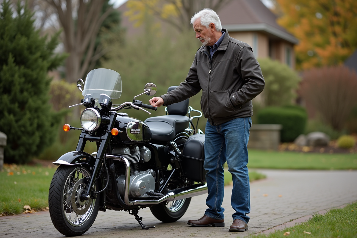 Homme d'âge moyen examine une moto classique en drive