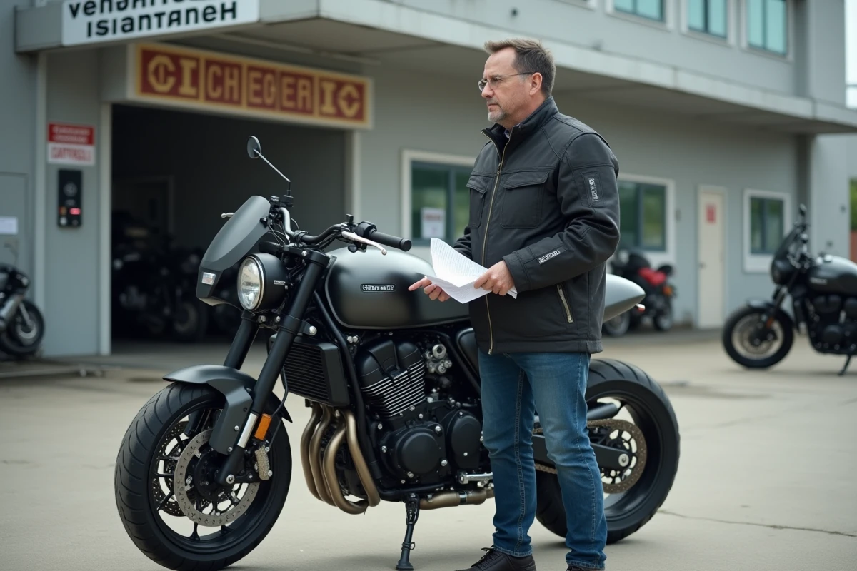 Homme moto en contrôle devant centre inspection