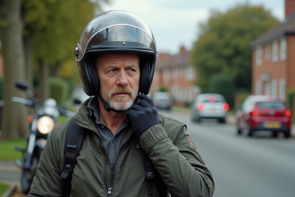 Homme d'âge moyen sécurisant son casque moto en rue calme